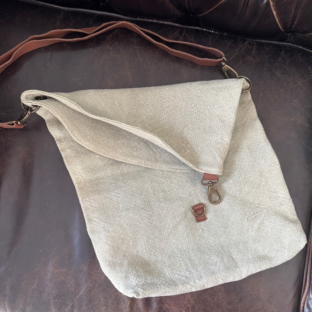 Vintage Addiction foldover crossbody Ash Grey & Jute messenger bag Leather Trim - Picture 3 of 8